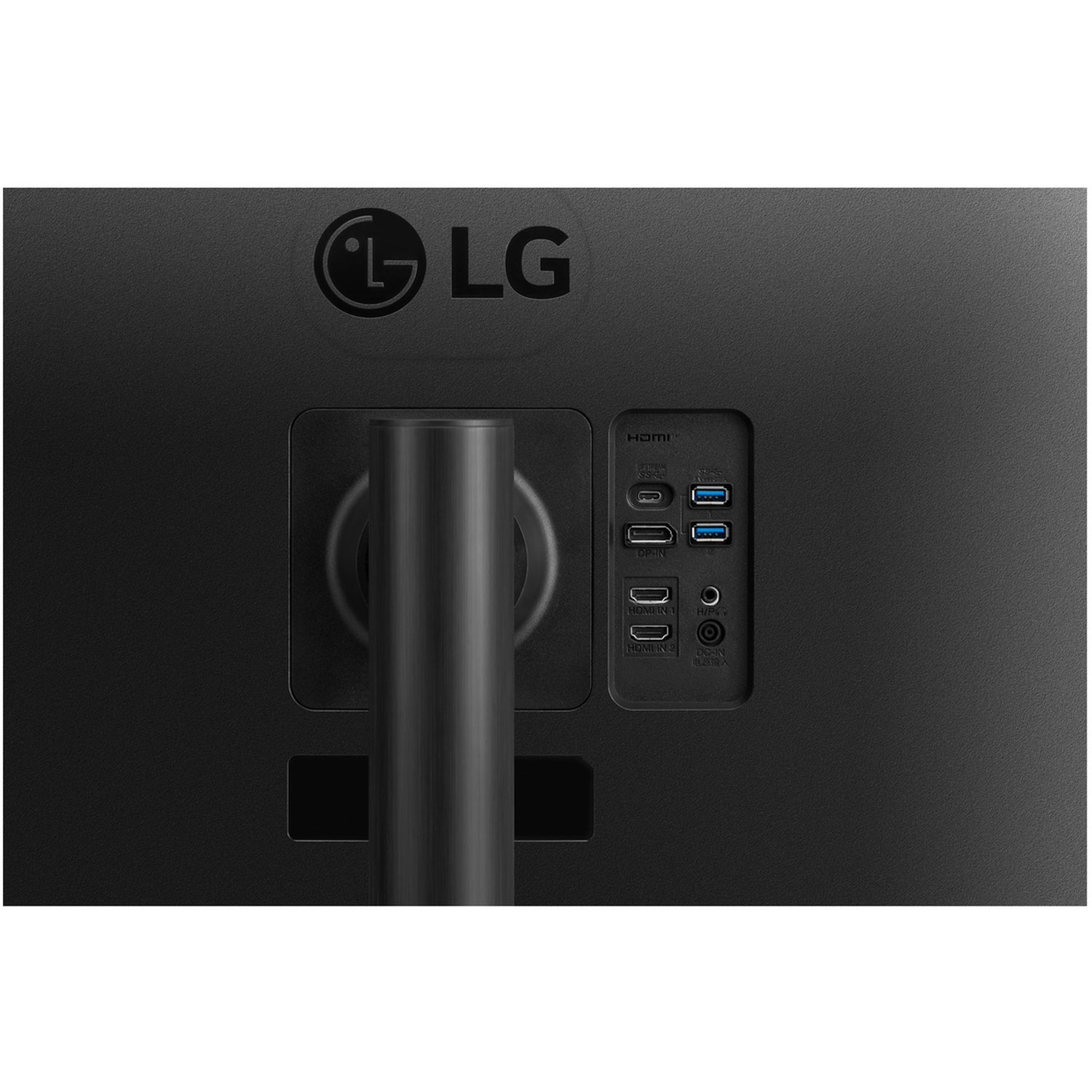The back of a black LG monitor, showing ports for HDMI, DP, USB, and DC-IN, with the LG logo at the top.