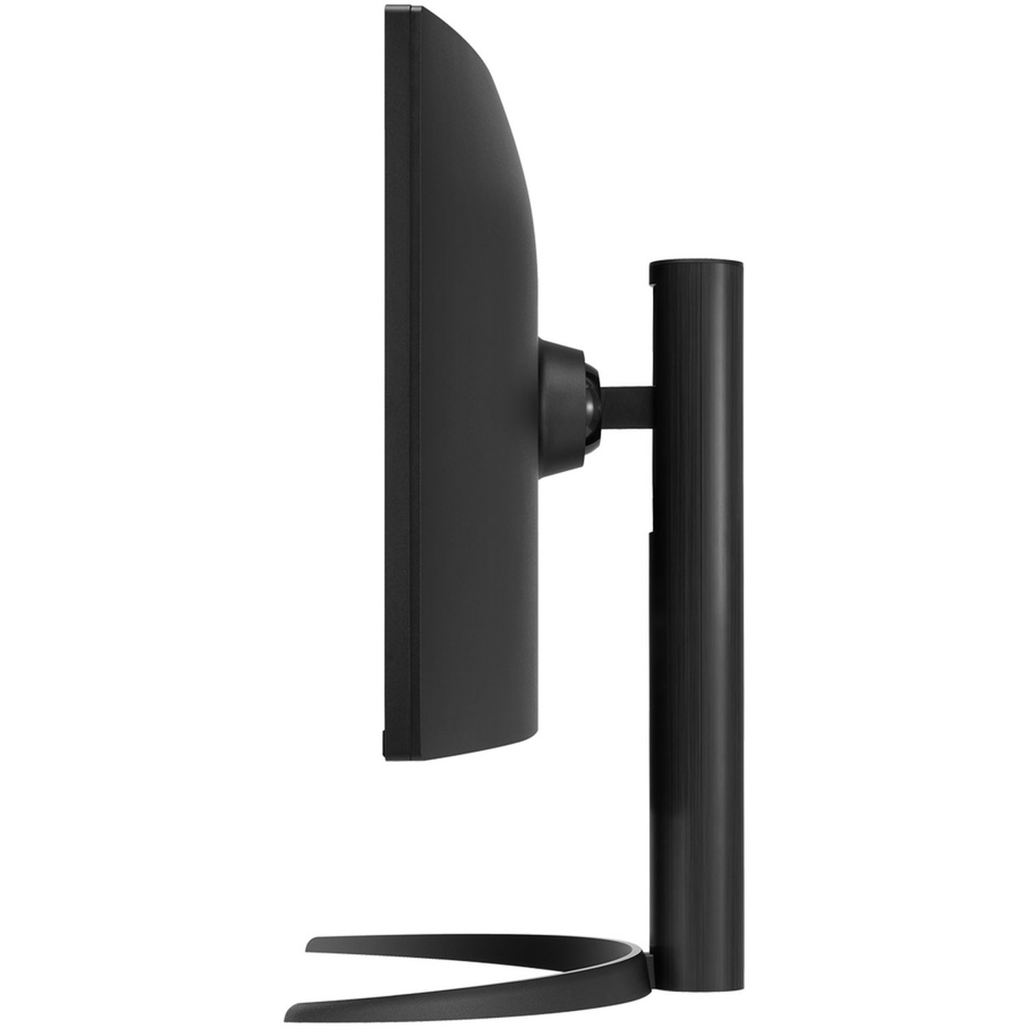 Side view of a black computer monitor. It has a curved screen, a stand, and a base. The background is white.