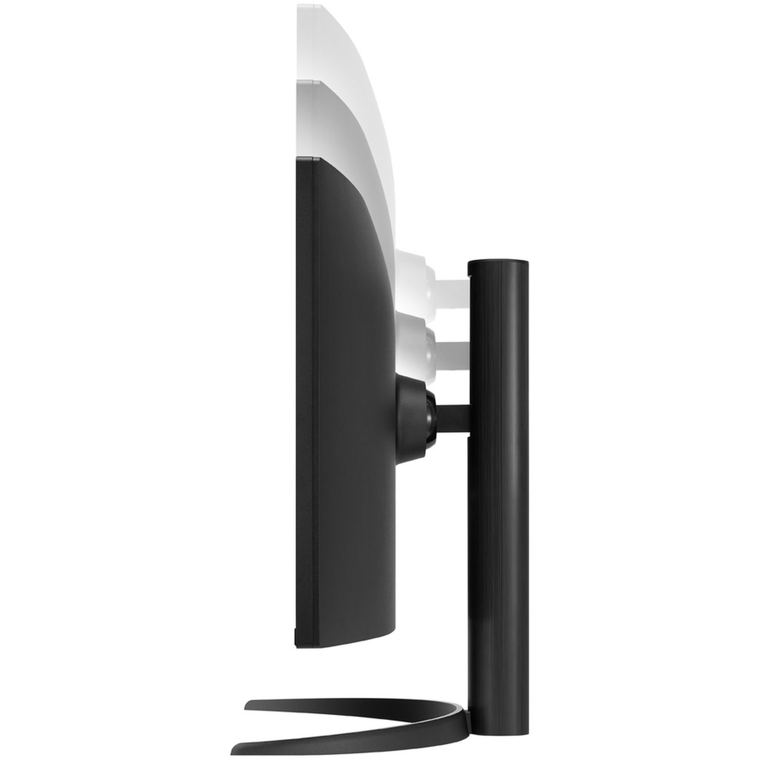 Side view of a black computer monitor. It has a curved screen with a black stand and a white background. The monitor is tilted.