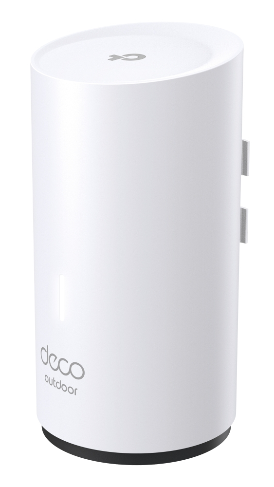 Białe urządzenie WiFi Deco do użytku na zewnątrz, cylindryczne, z logo i czarną podstawą.