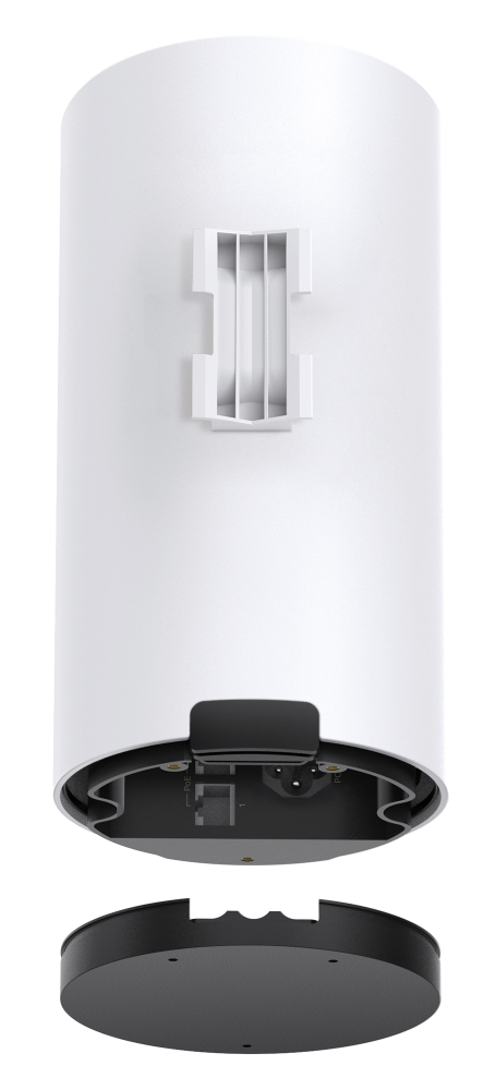 Białe urządzenie cylindryczne z czarną podstawą i oddzielnym, zdejmowanym czarnym dnem.