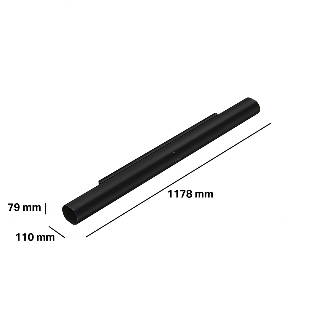 Egy fekete Sonos soundbar mm-es méretekkel és fehér háttérrel.