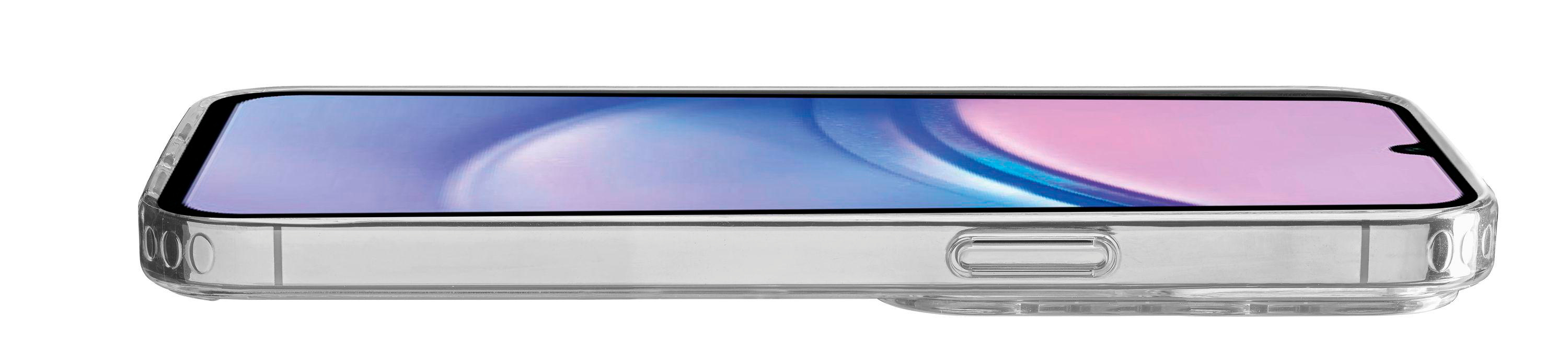 Transparente Handyhülle auf weißem Hintergrund. Telefon mit Bildschirm mit Farbverlauf.