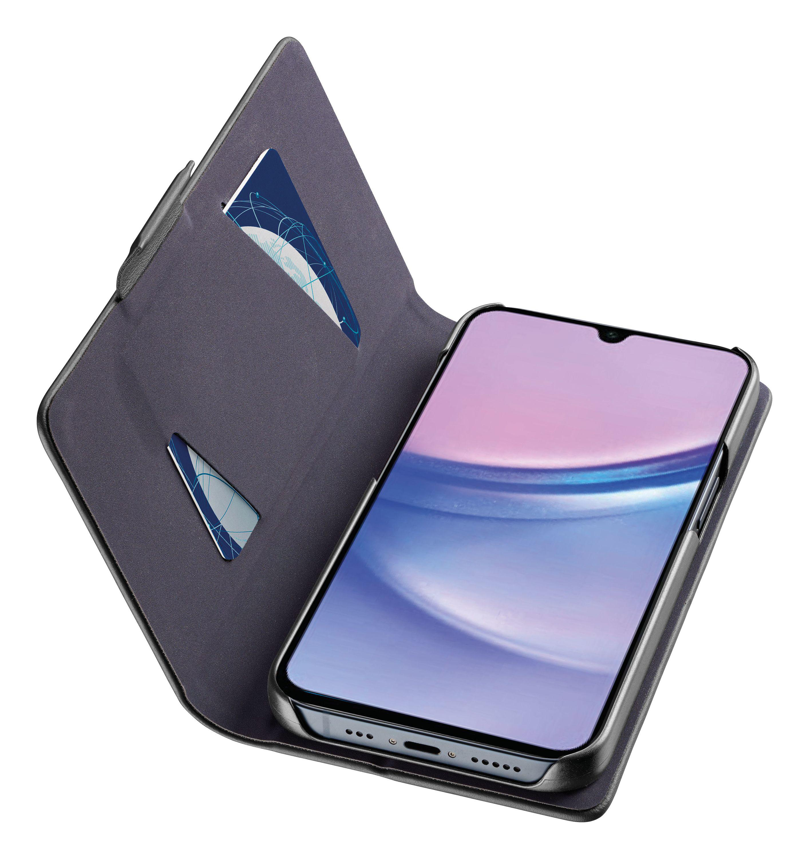 Smartphone in offenem Gehäuse. Telefonbildschirm zeigt abstraktes lila und blaues Design.