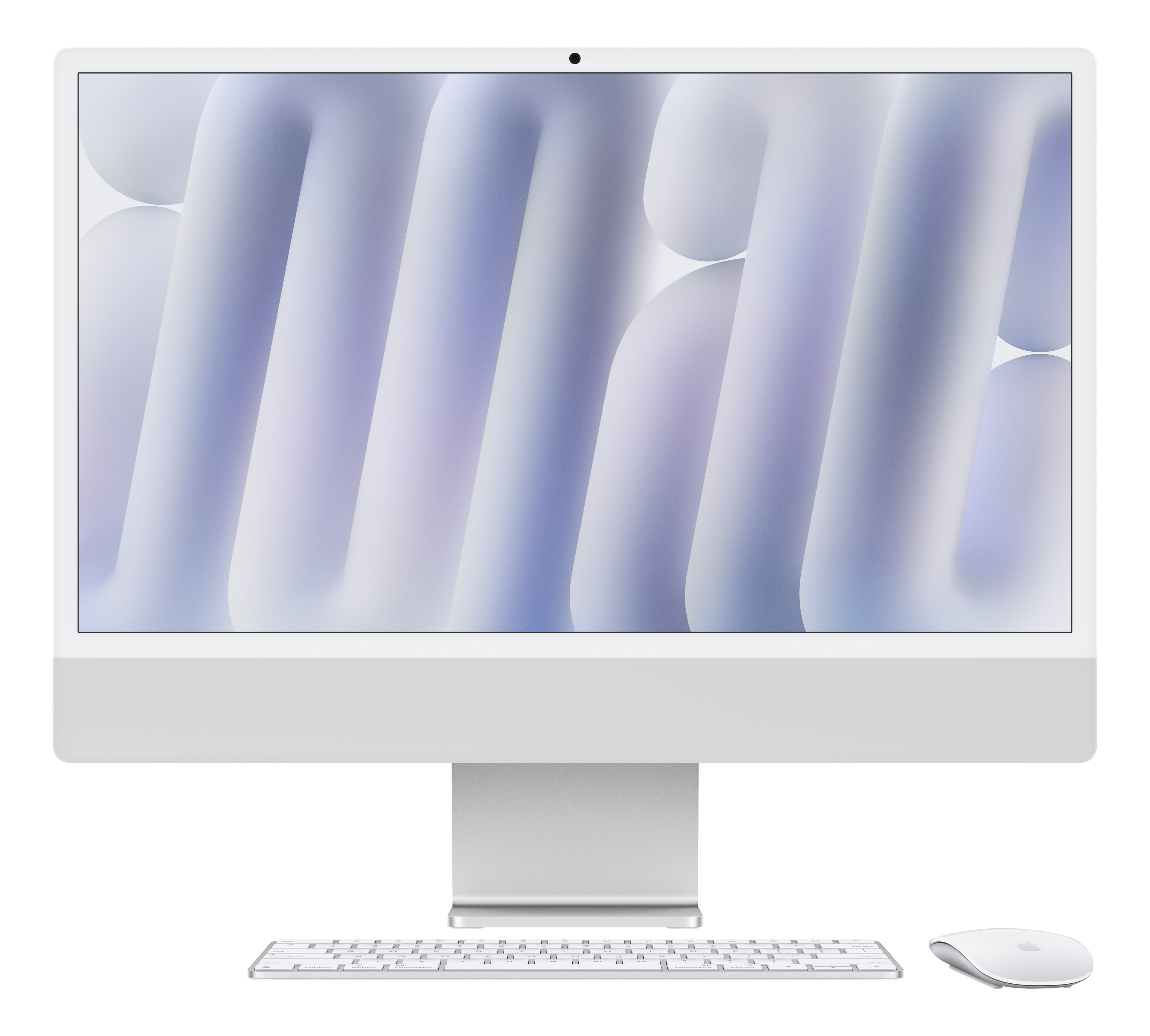 iMac bianco con tastiera e mouse su sfondo bianco.