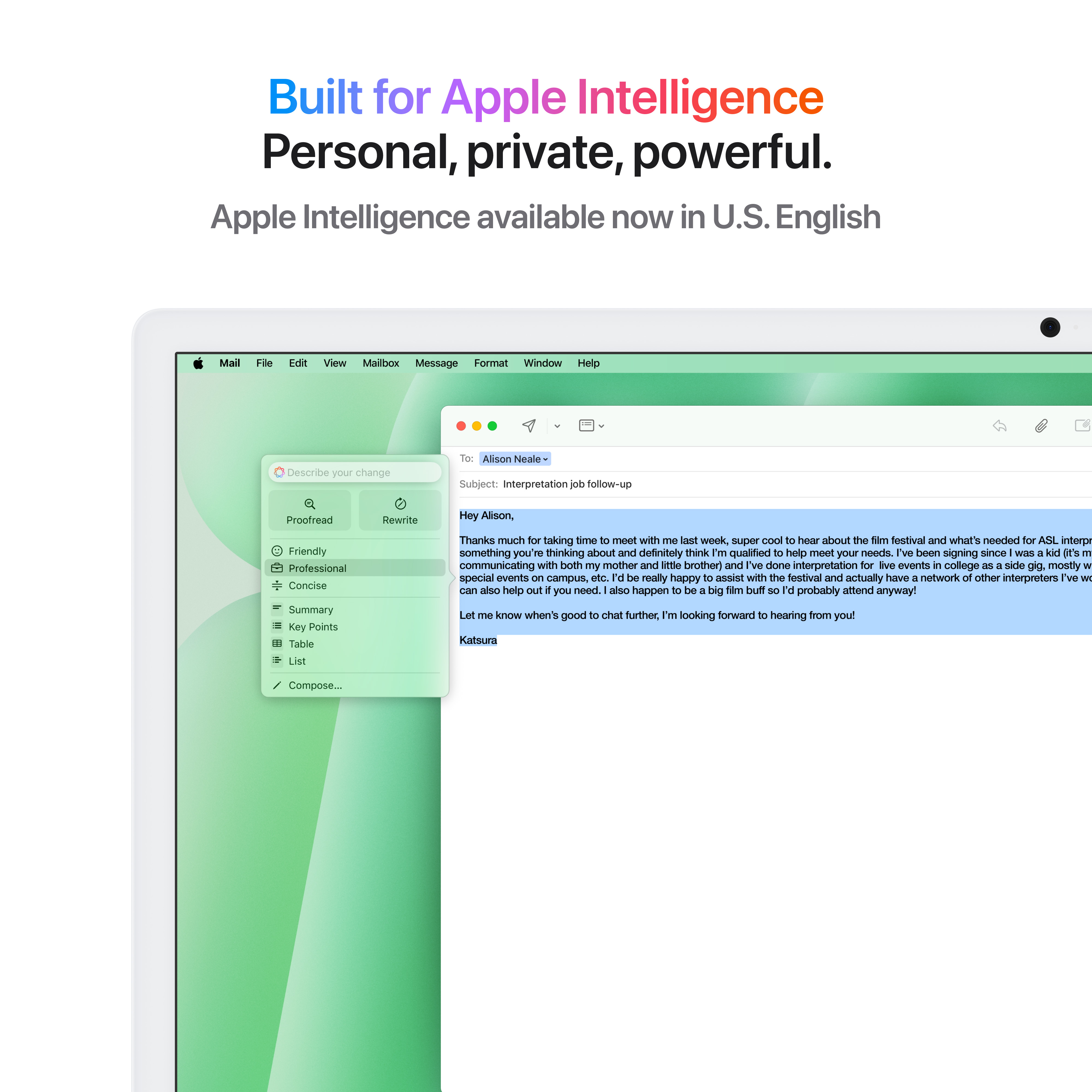 Screenshot einer E-Mail auf einem Laptop. Der Text lautet 'Built for Apple Intelligence' und 'Personal, private, powerful'.