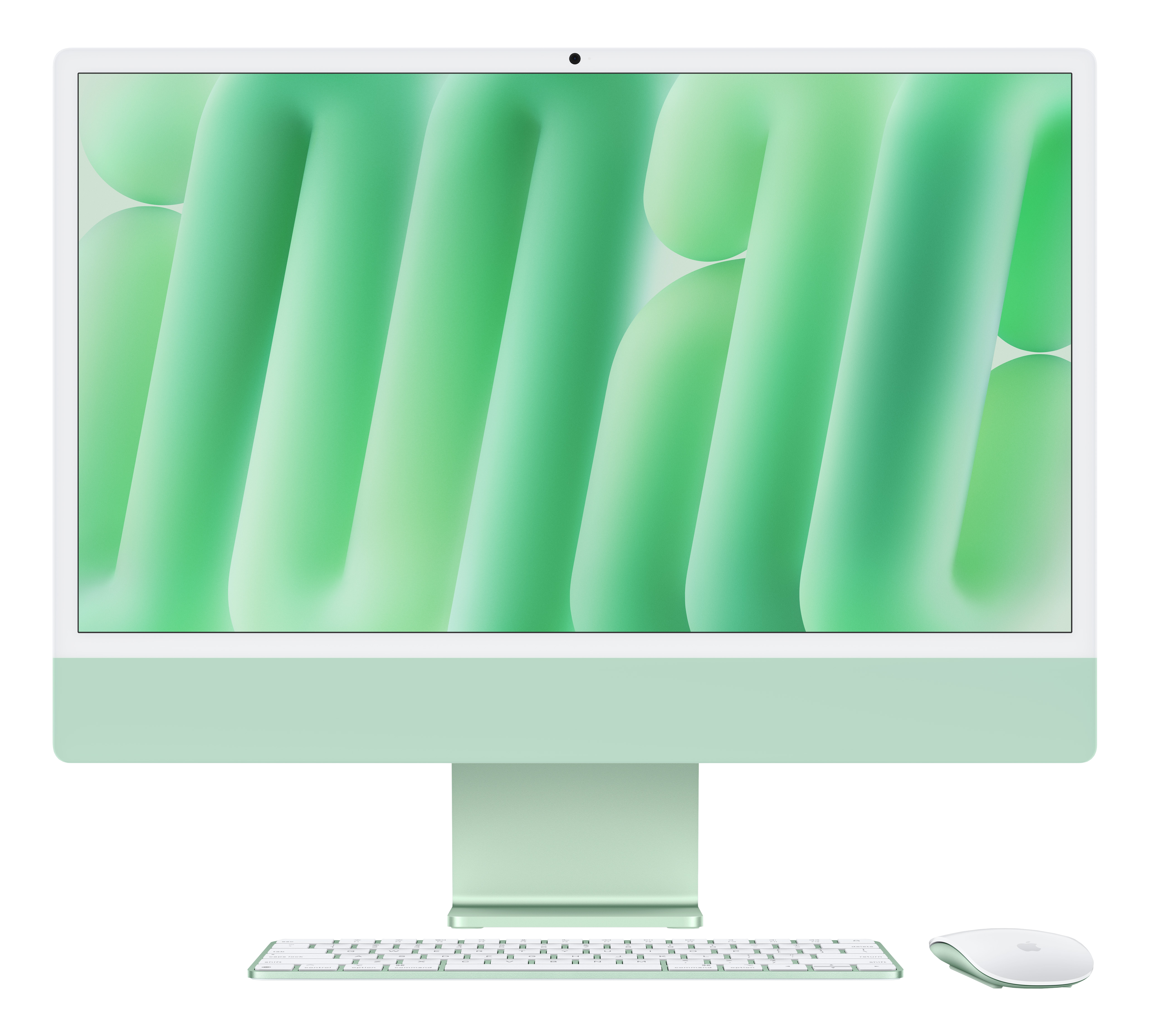 Ein mintgrüner iMac-Computer mit weißer Tastatur und Maus auf schwarzem Hintergrund.