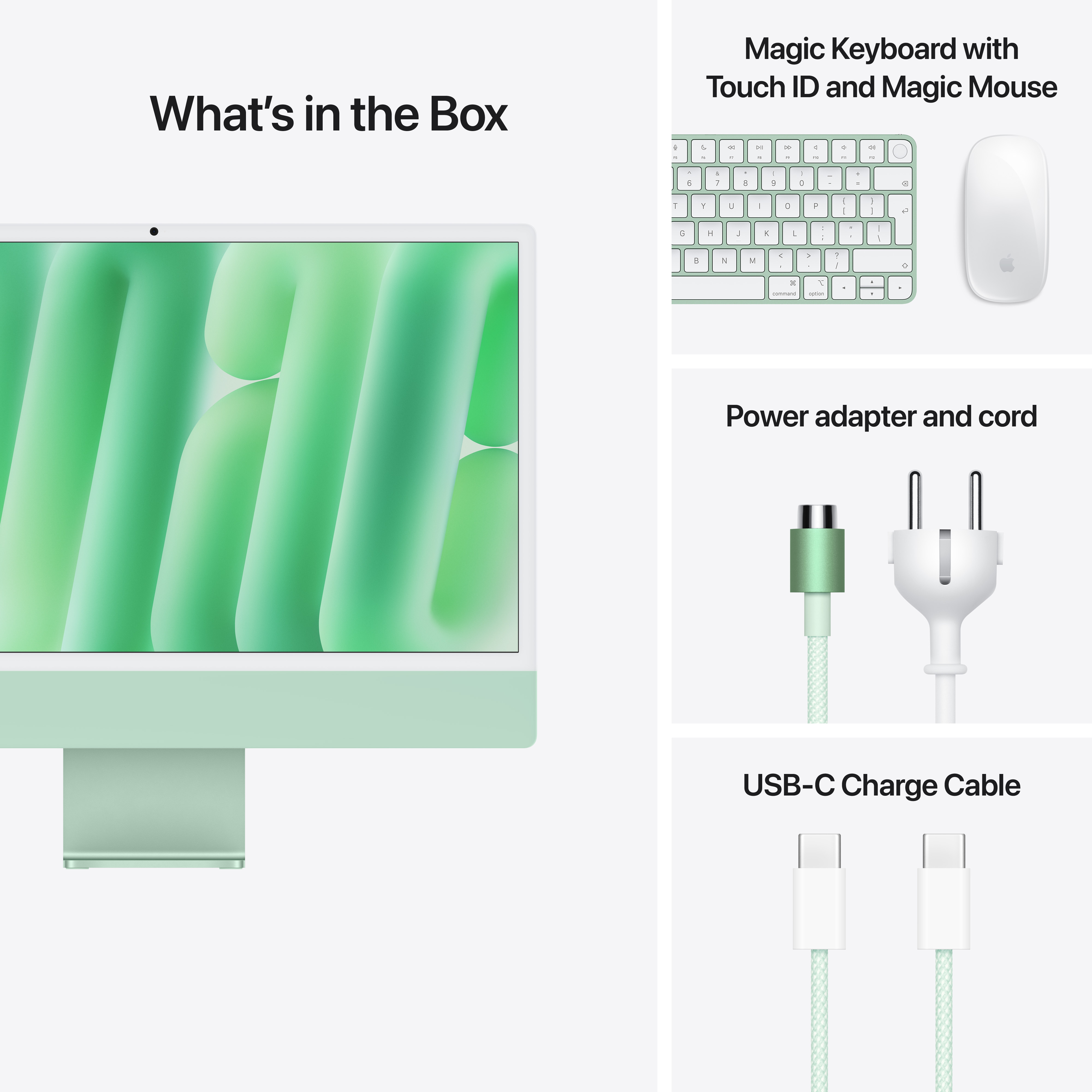 Ein iMac, Tastatur, Maus, Netzteil und Ladekabel in hellgrünen Farben.