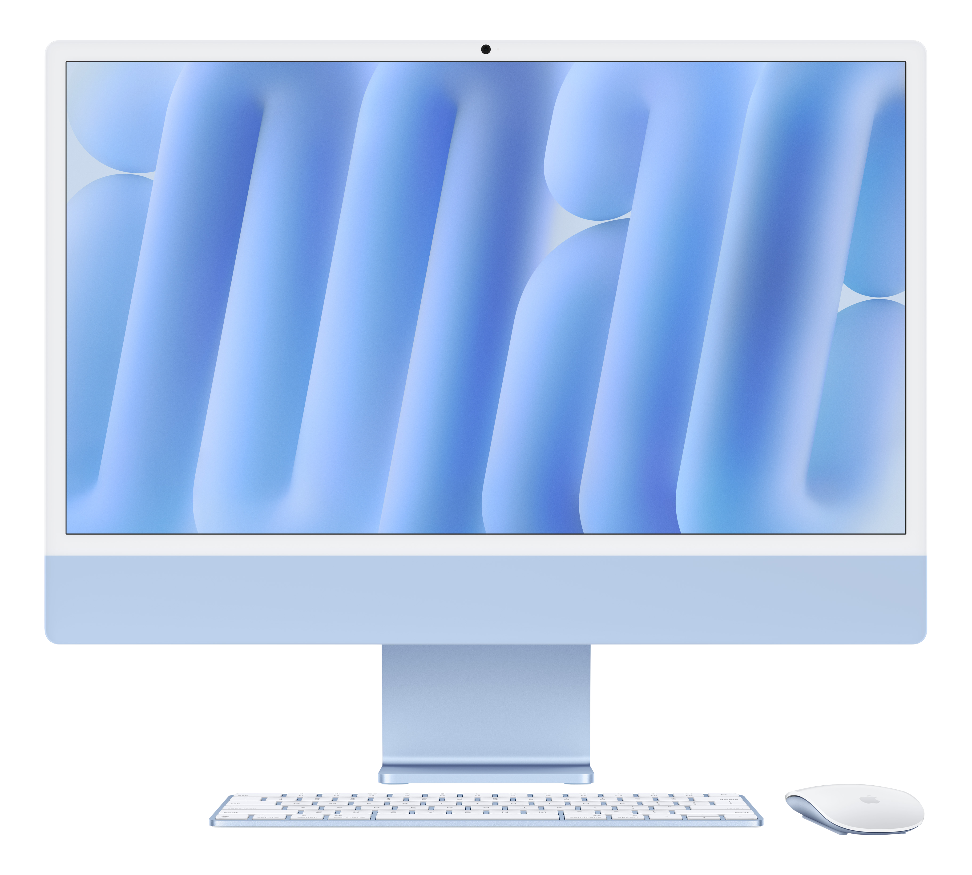 Blauer iMac mit blauem Hintergrund, weißer Tastatur und Maus auf weißer Oberfläche.