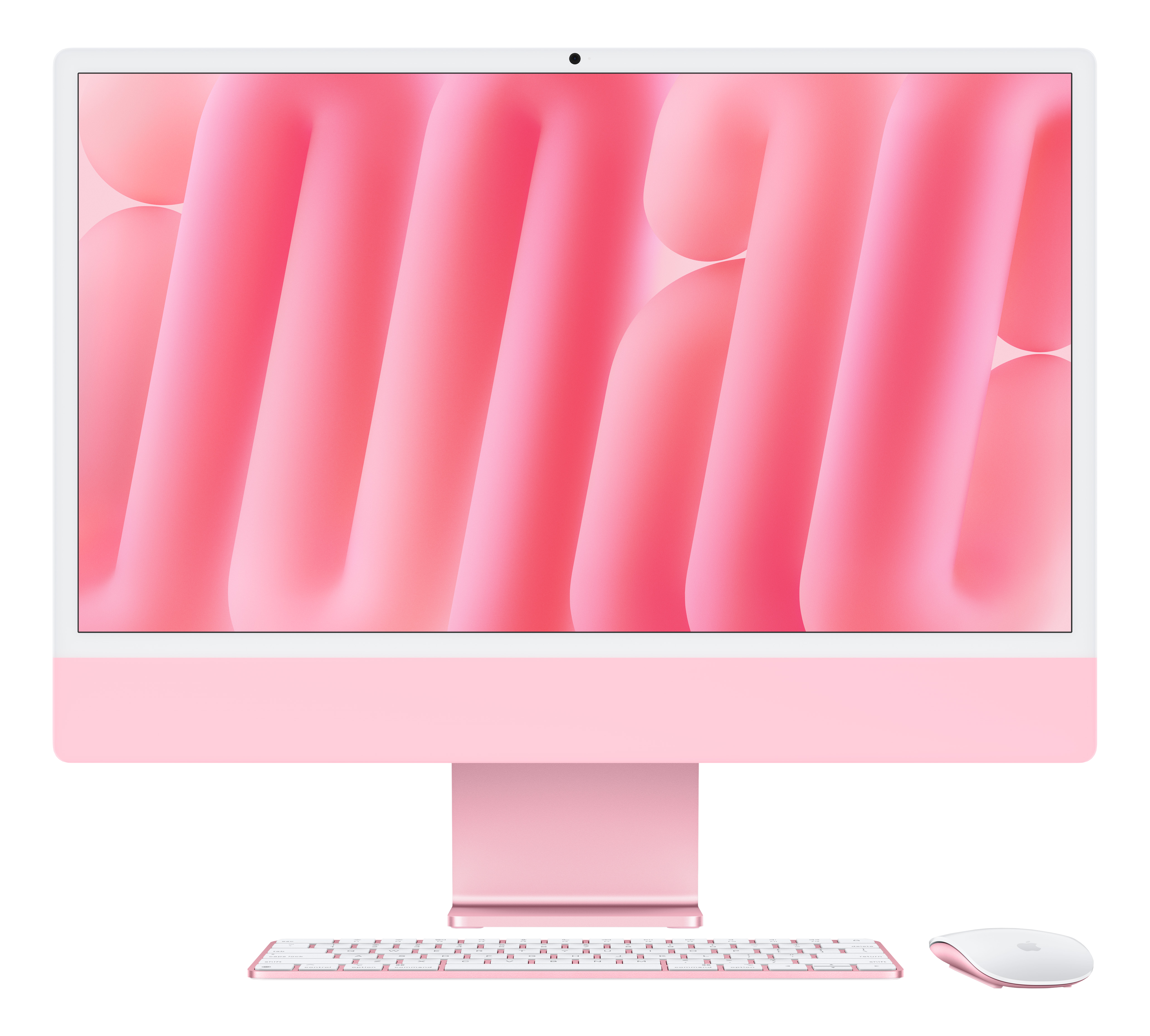 Computer iMac rosa con tastiera e mouse abbinati, su sfondo nero.