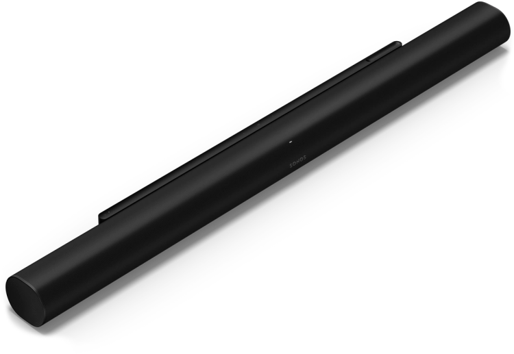 Fekete soundbar fekete háttéren. Kerekített formájú és egy kis vezérlőpanellel rendelkezik.