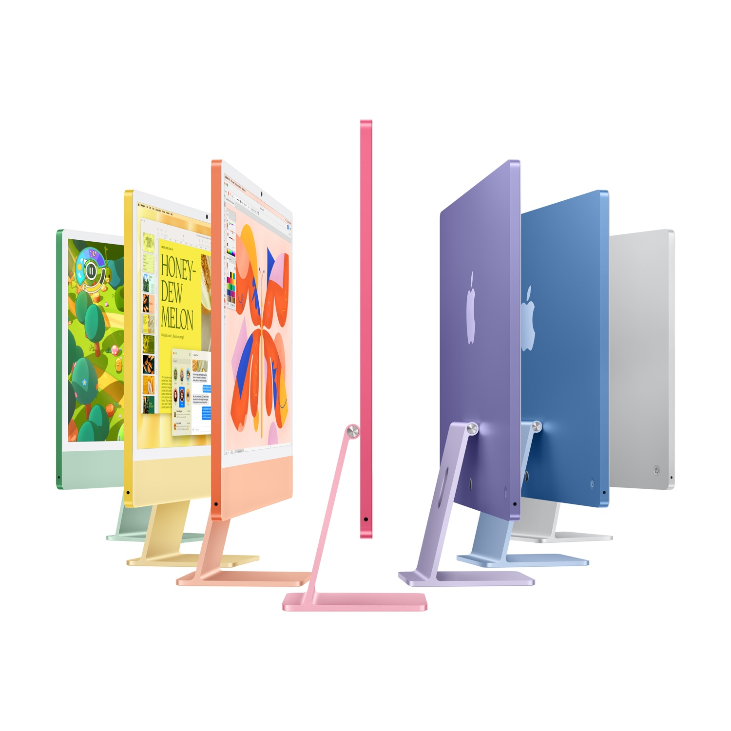 Più computer iMac Apple colorati in vari colori, su sfondo bianco, vista laterale.
