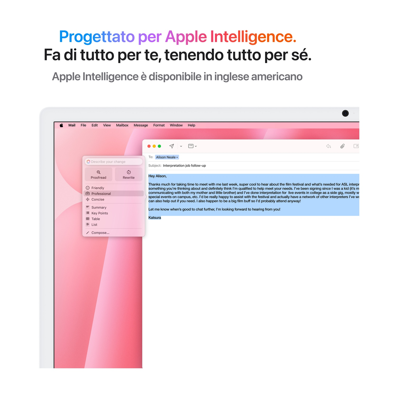 Schermata di un'interfaccia email con opzioni di modifica del testo, con il prompt Apple Intelligence.
