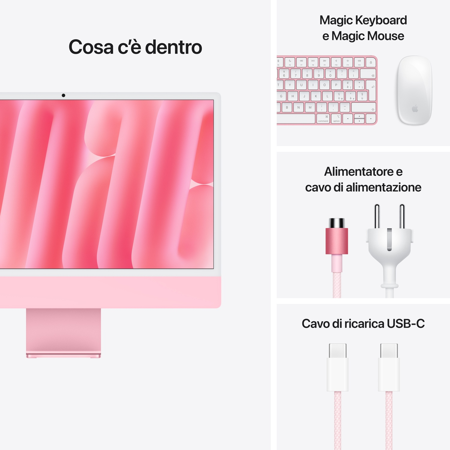 iMac rosa con accessori: tastiera, mouse, adattatore di alimentazione e cavi di ricarica.