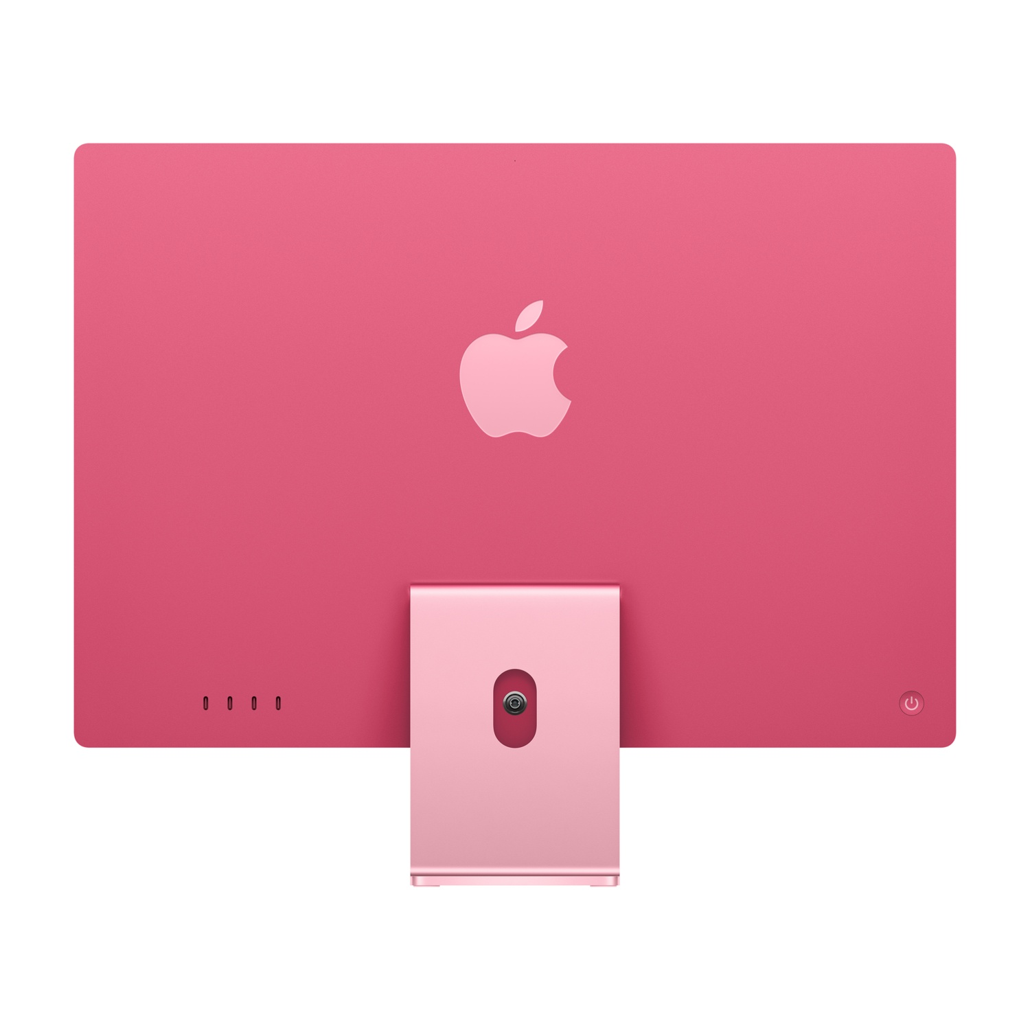 Retro dell'iMac rosa. Logo Apple, porte e supporto. Colore rosa. Sfondo bianco.