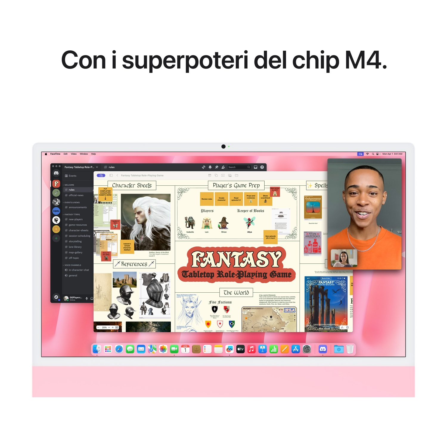 Un iMac che mostra un gioco e una videochiamata, con testo sui superpoteri del chip M4.