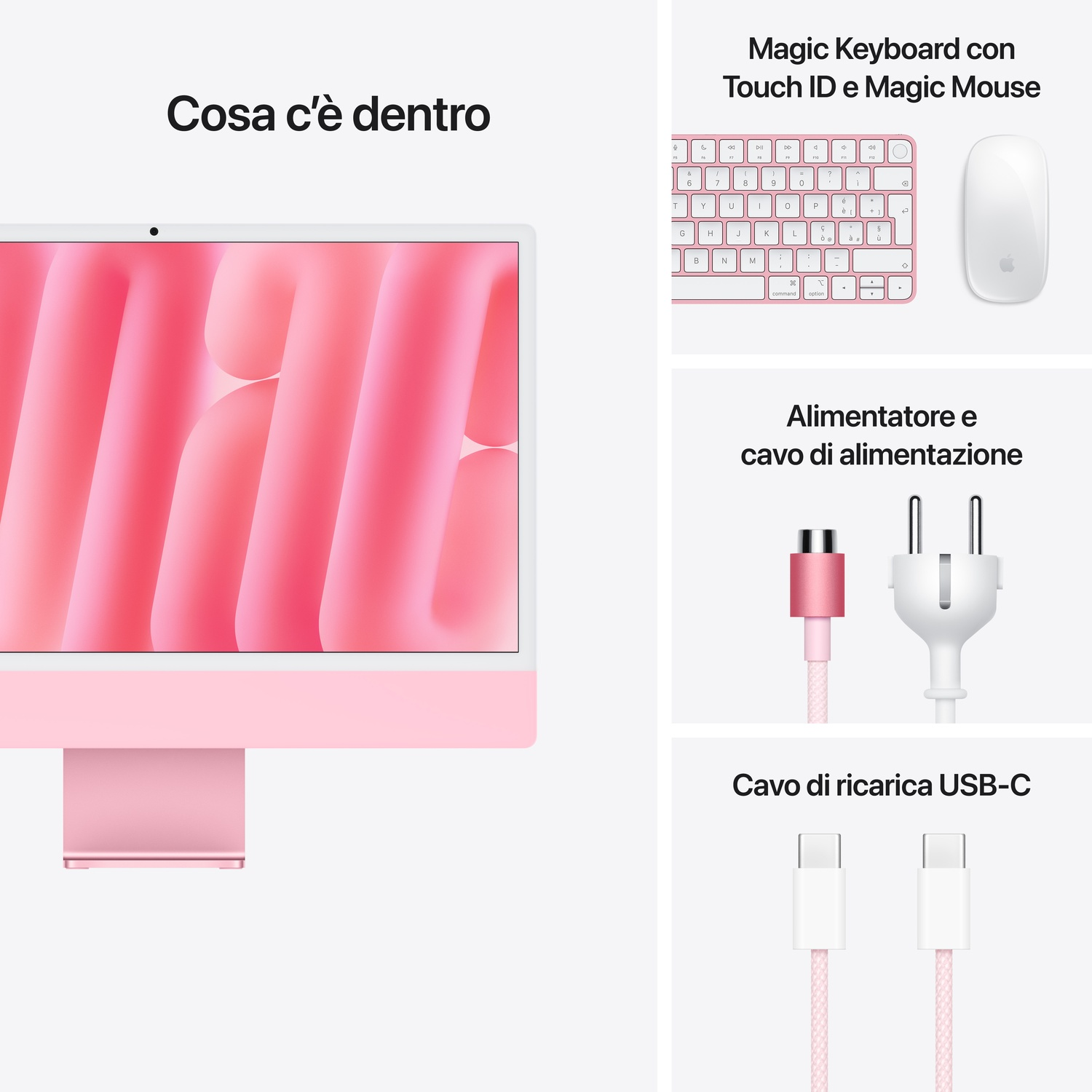 Schermo iMac rosa con tastiera e mouse. Sono inclusi anche i cavi.