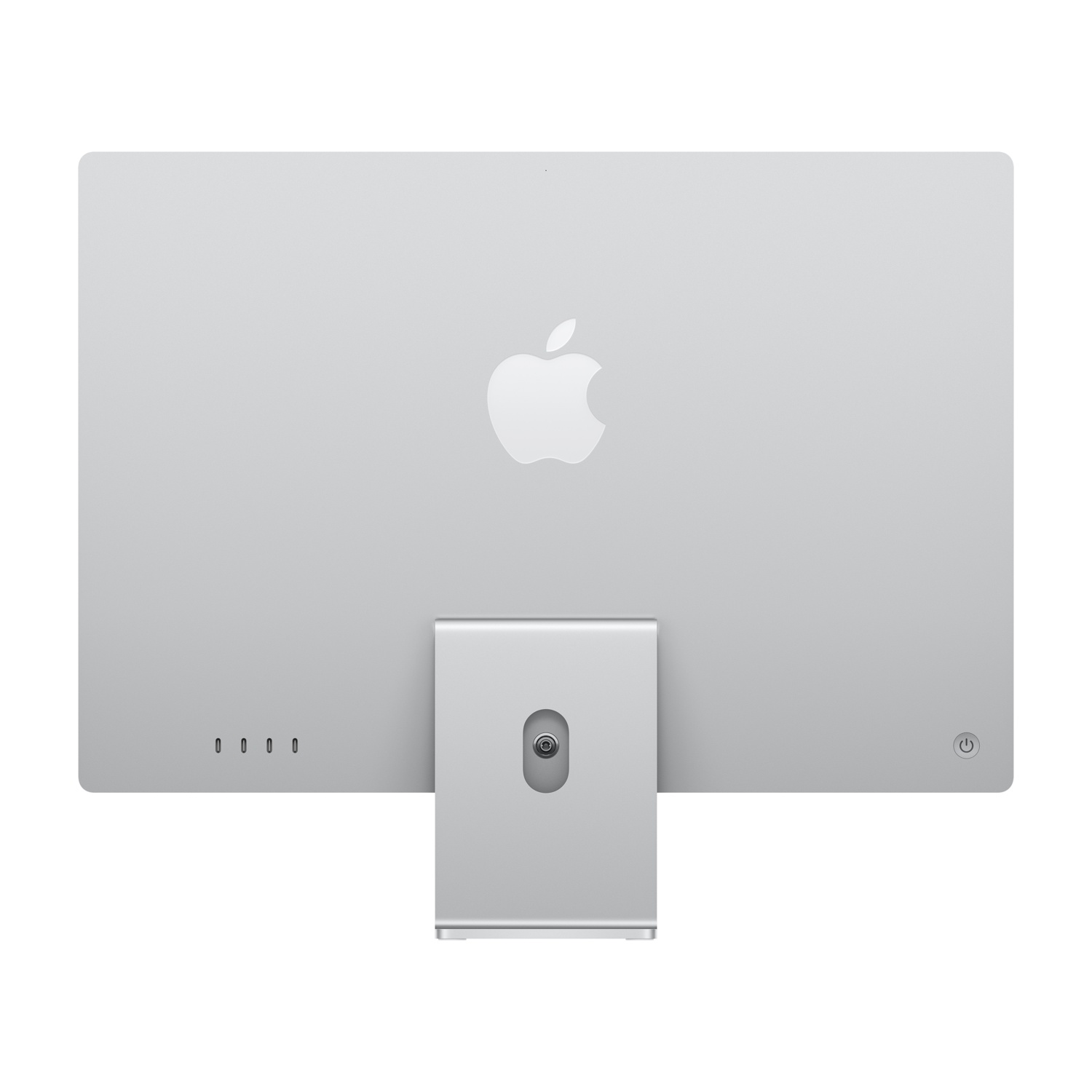 Vista posteriore di un iMac argento con il logo Apple, un supporto e il pulsante di accensione. Sfondo bianco.