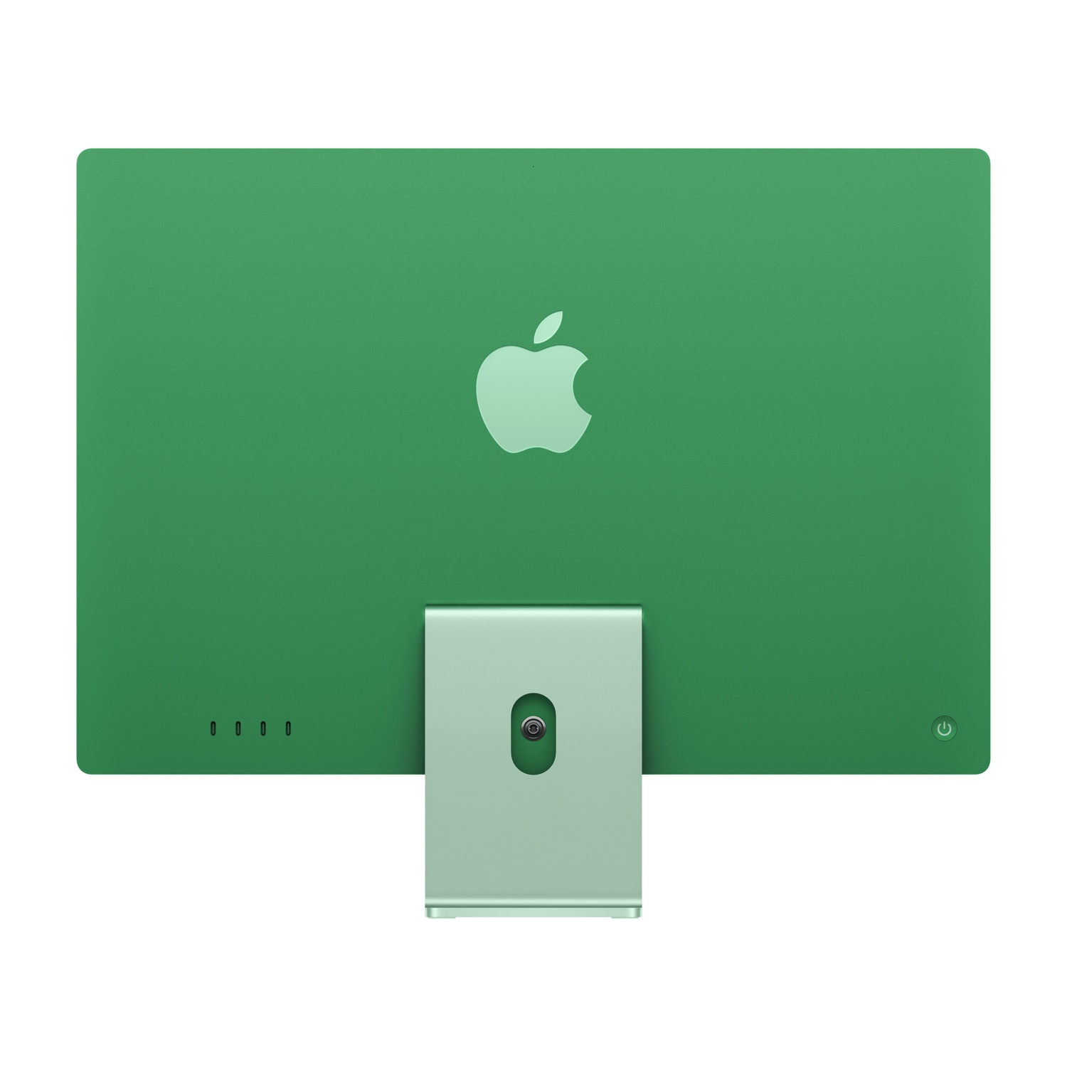 Retro di un iMac verde. Il logo Apple è visibile. Sono visibili anche le porte e il pulsante di accensione.