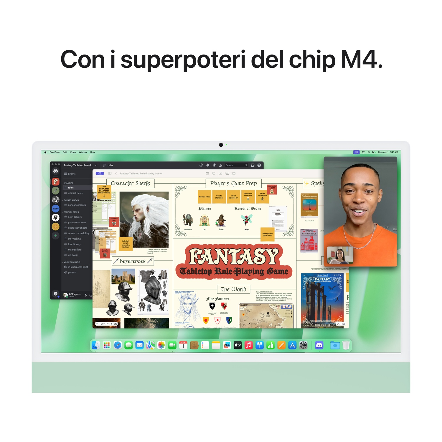 Uomo che gioca a un gioco di ruolo da tavolo su un iMac menta, un feed video in diretta di un'altra persona nel frame.