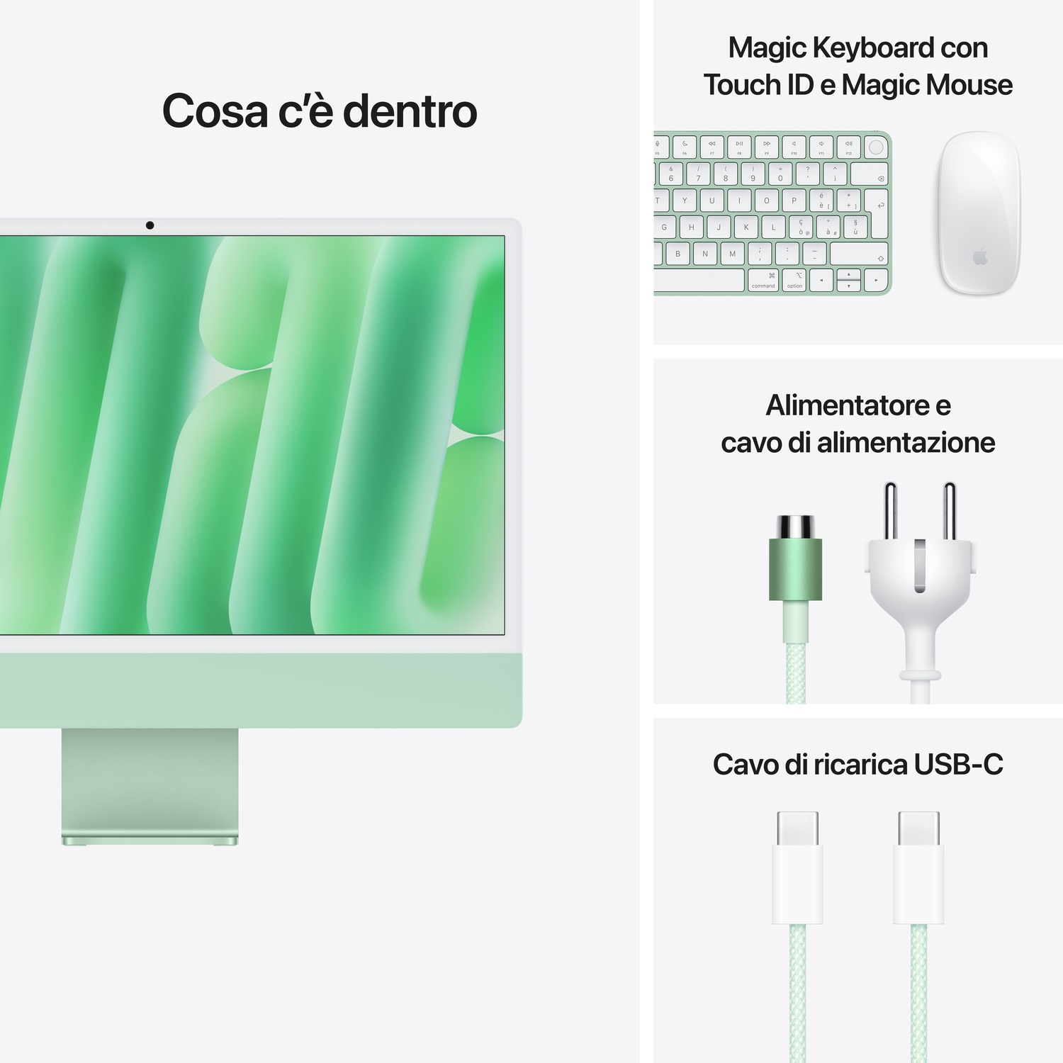 iMac con accessori. Include tastiera, mouse, adattatore di alimentazione, cavo USB-C, tutto verde menta.