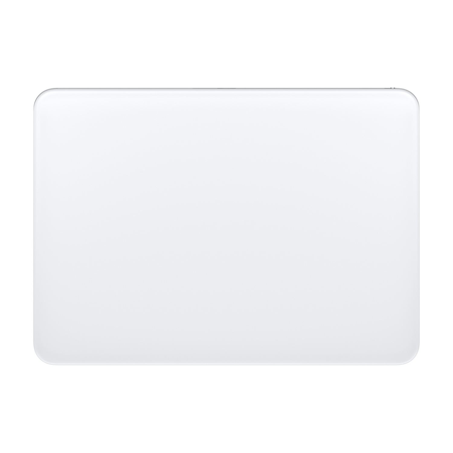 Trackpad bianco, un dispositivo rettangolare con angoli arrotondati, superficie liscia.