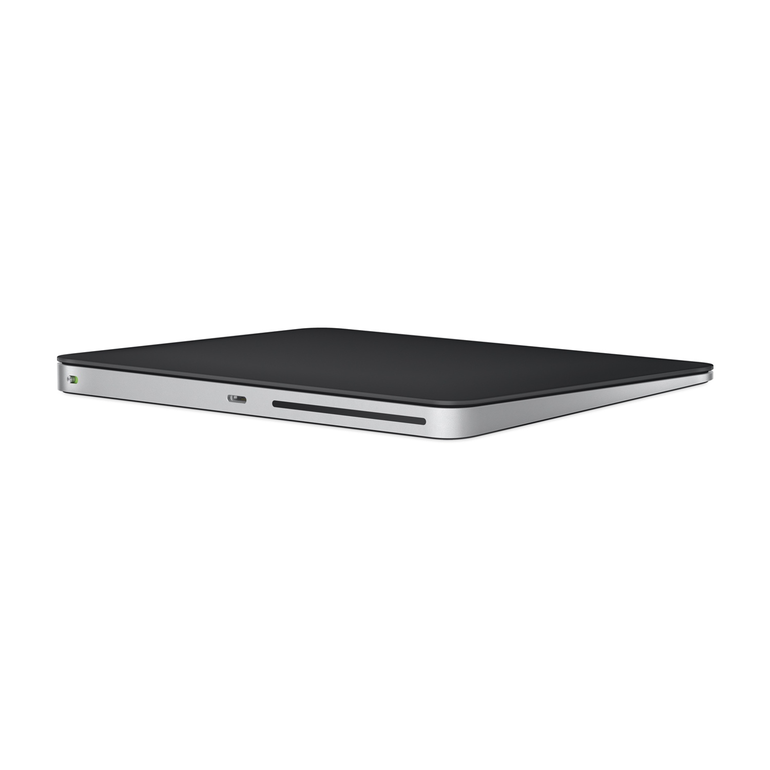 Un trackpad argentato con una superficie nera. Viene mostrato piatto su uno sfondo bianco.