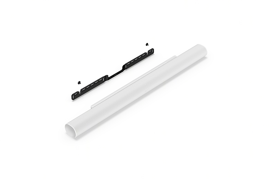 Fehér soundbar rögzítő konzollal és alkatrészekkel.