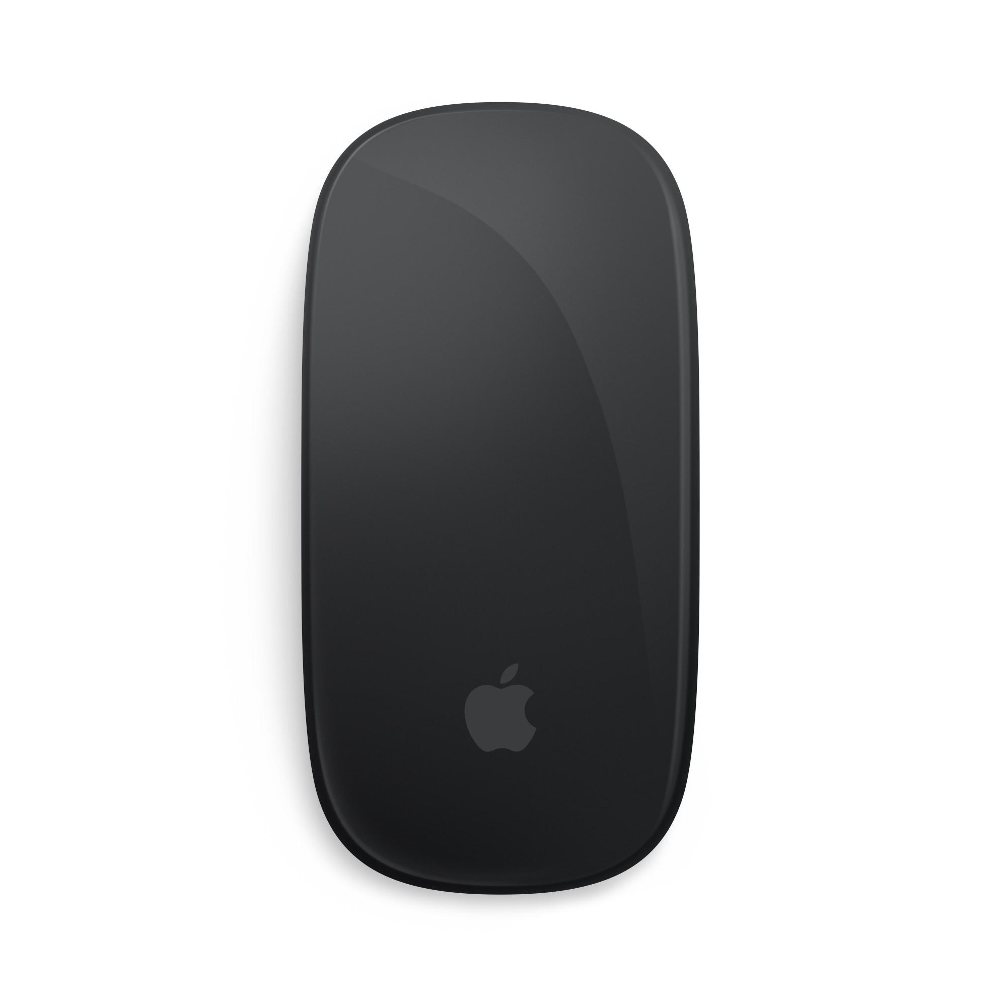 Schwarze Apple Magic Mouse mit flachem Profil und Apple-Logo zentriert.
