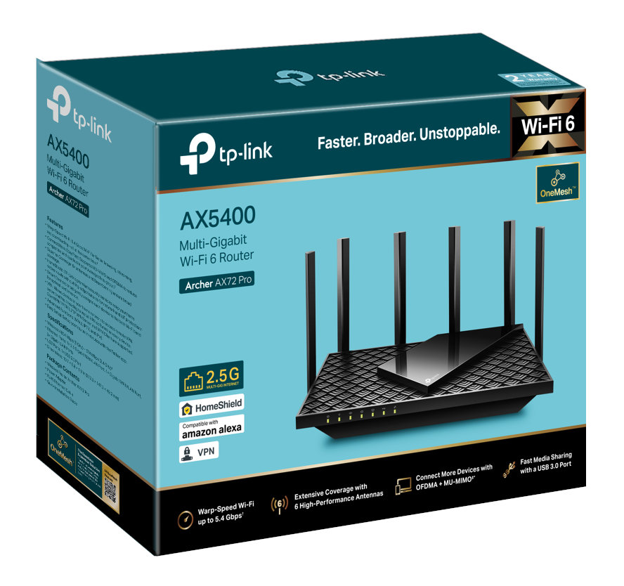 Pudełko do routera tp-link. Pudełko jest turkusowo-czarne i pokazuje router oraz jego funkcje.