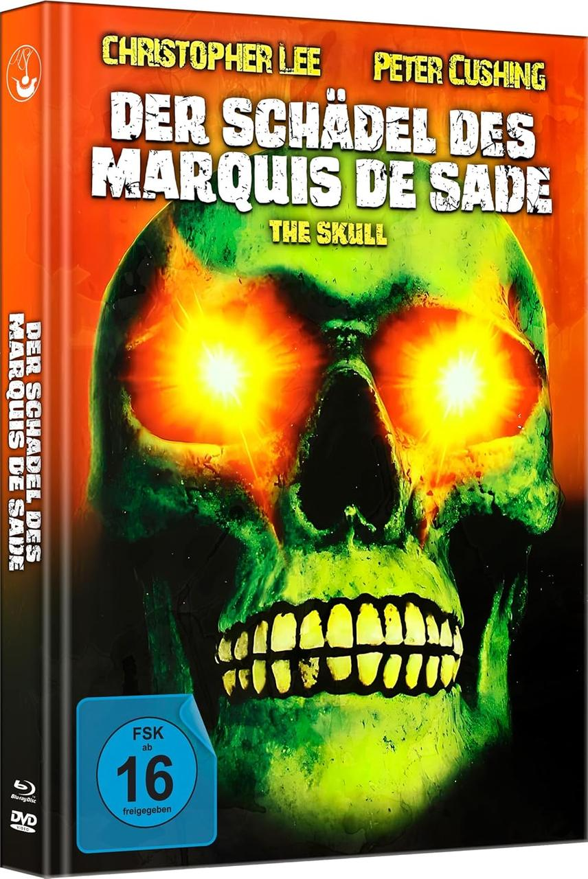Filmcover für 'The Skull', grüner Schädel mit hellen Augen. Text und ein Warnschild sind sichtbar.