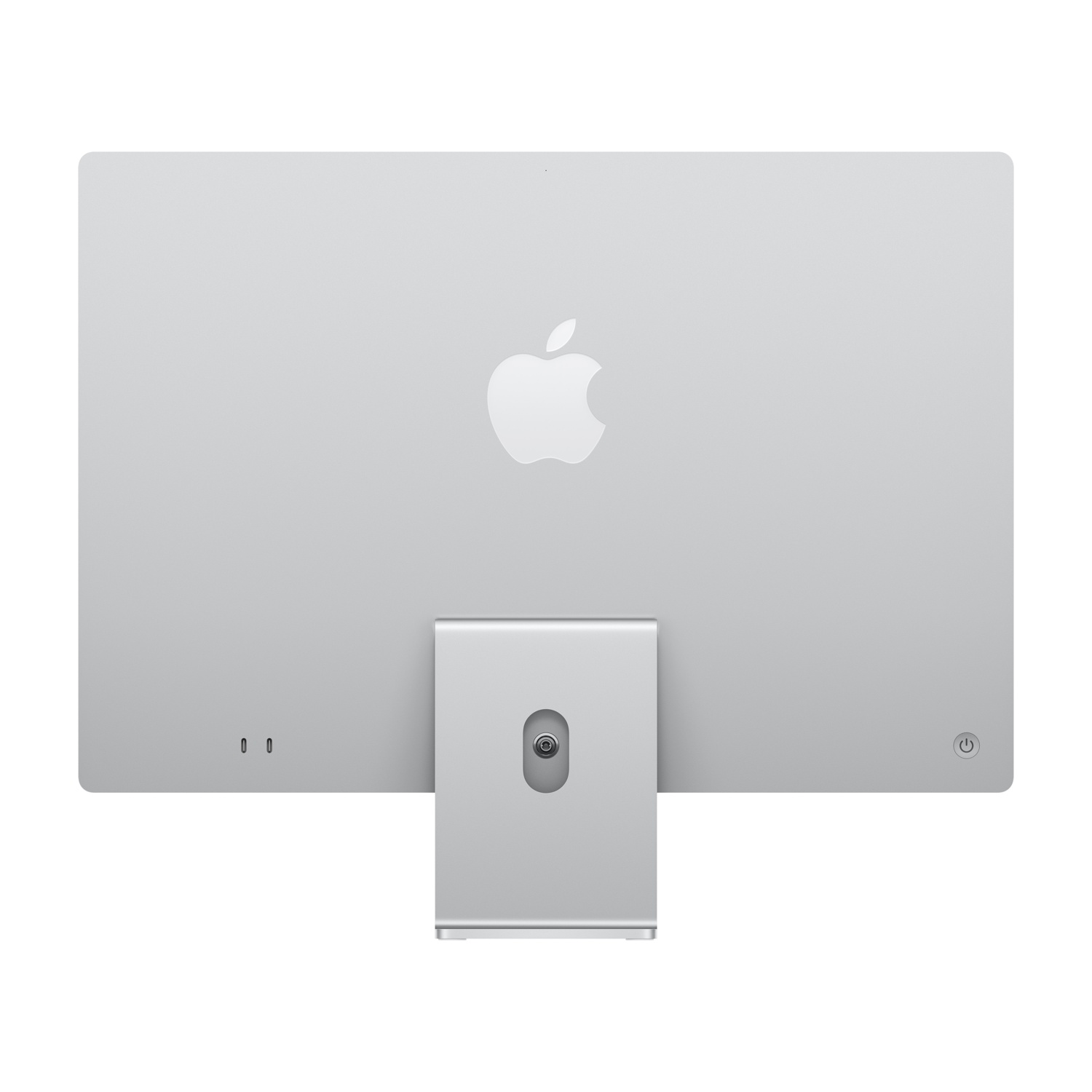 Vista posteriore di un monitor Apple argentato con il logo Apple e un supporto.