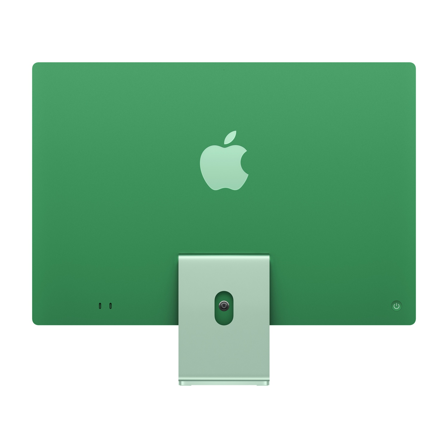 Retro di un iMac verde. Ha un supporto verde e un logo Apple argentato.