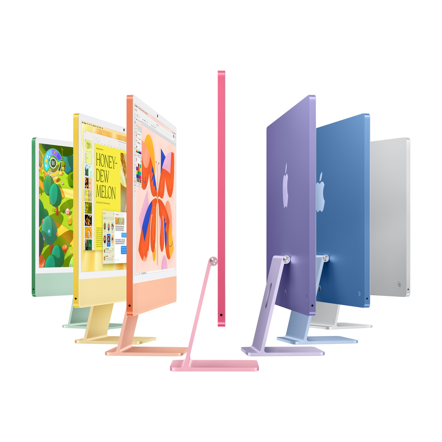 Più computer iMac colorati disposti a semicerchio.