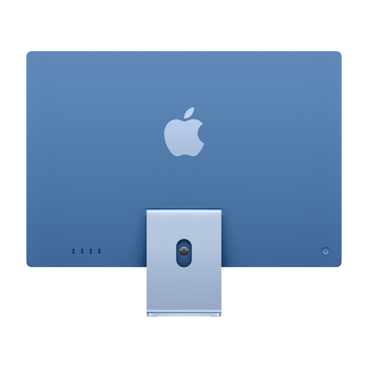 iMac Apple blu, vista posteriore, con logo Apple e supporto. Base e supporto blu.