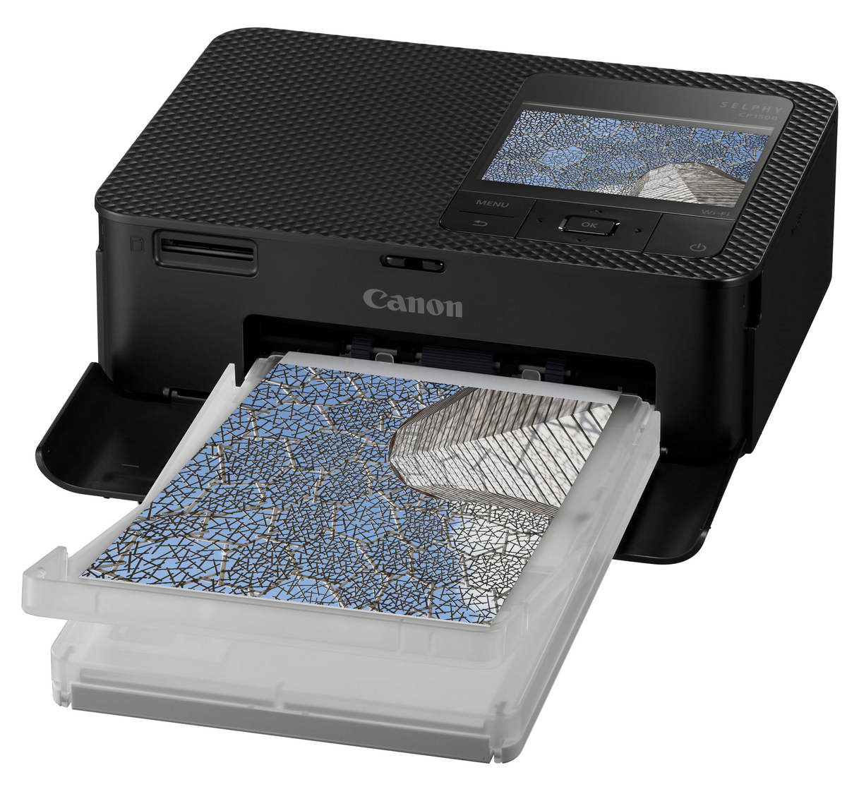 Schwarzer Canon SELPHY Fotodrucker, der ein farbenfrohes Bild druckt.