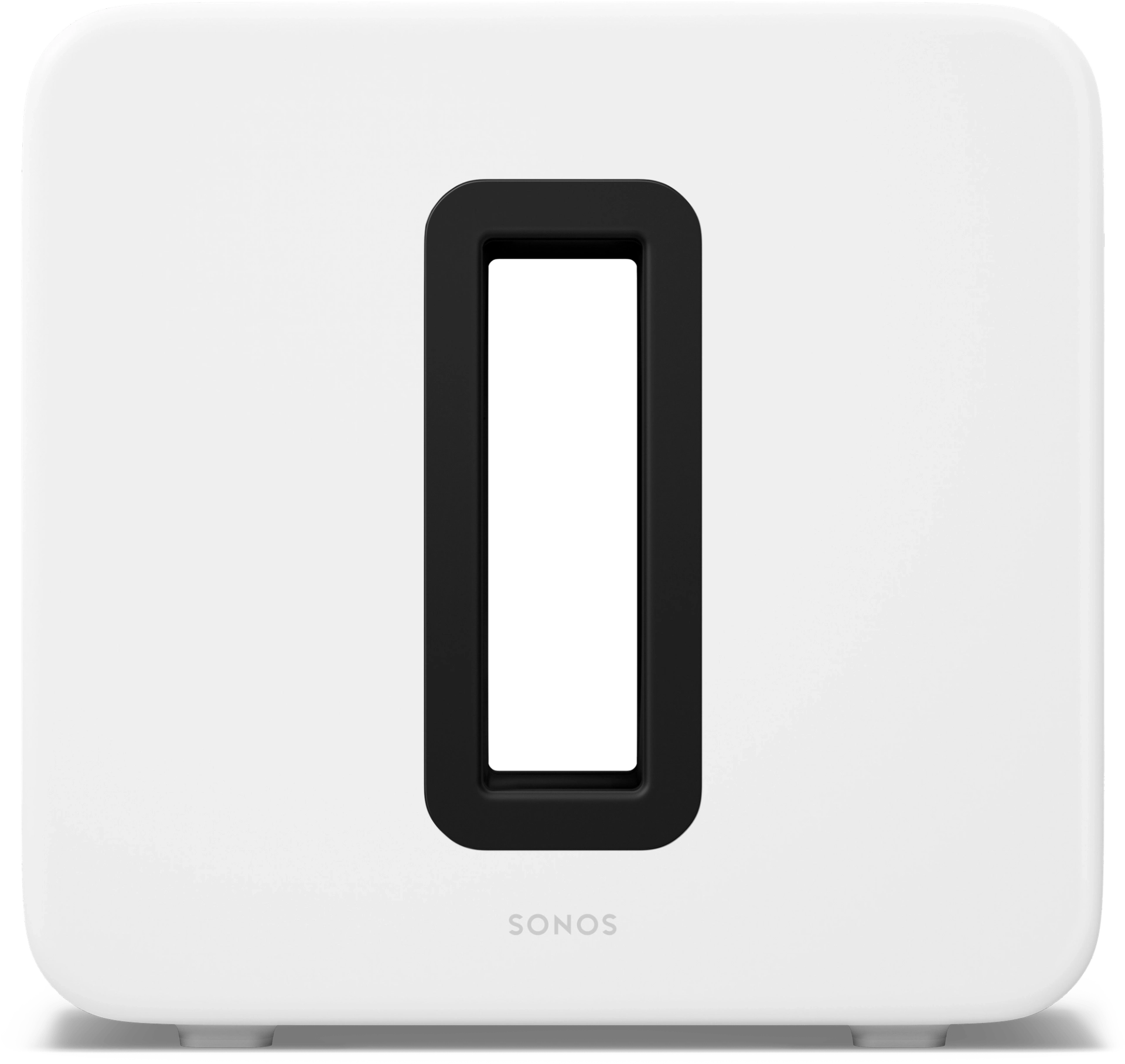 Fehér Sonos mélynyomó, középen fekete téglalap alakú nyílással. Sonos logó.