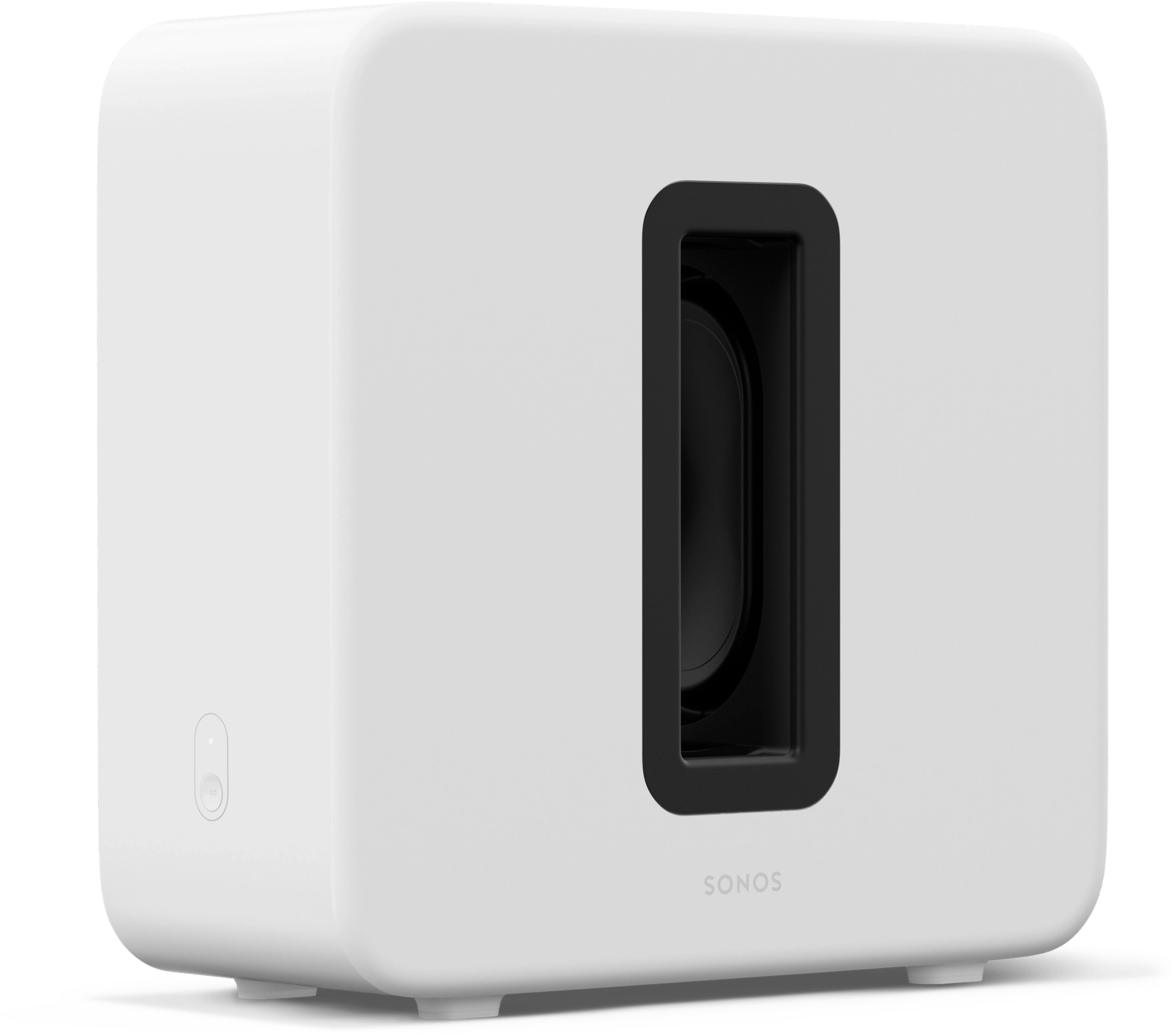 Fehér Sonos mélynyomó fekete téglalap alakú nyílással és Sonos felirattal. Egyszerű design, feketén.