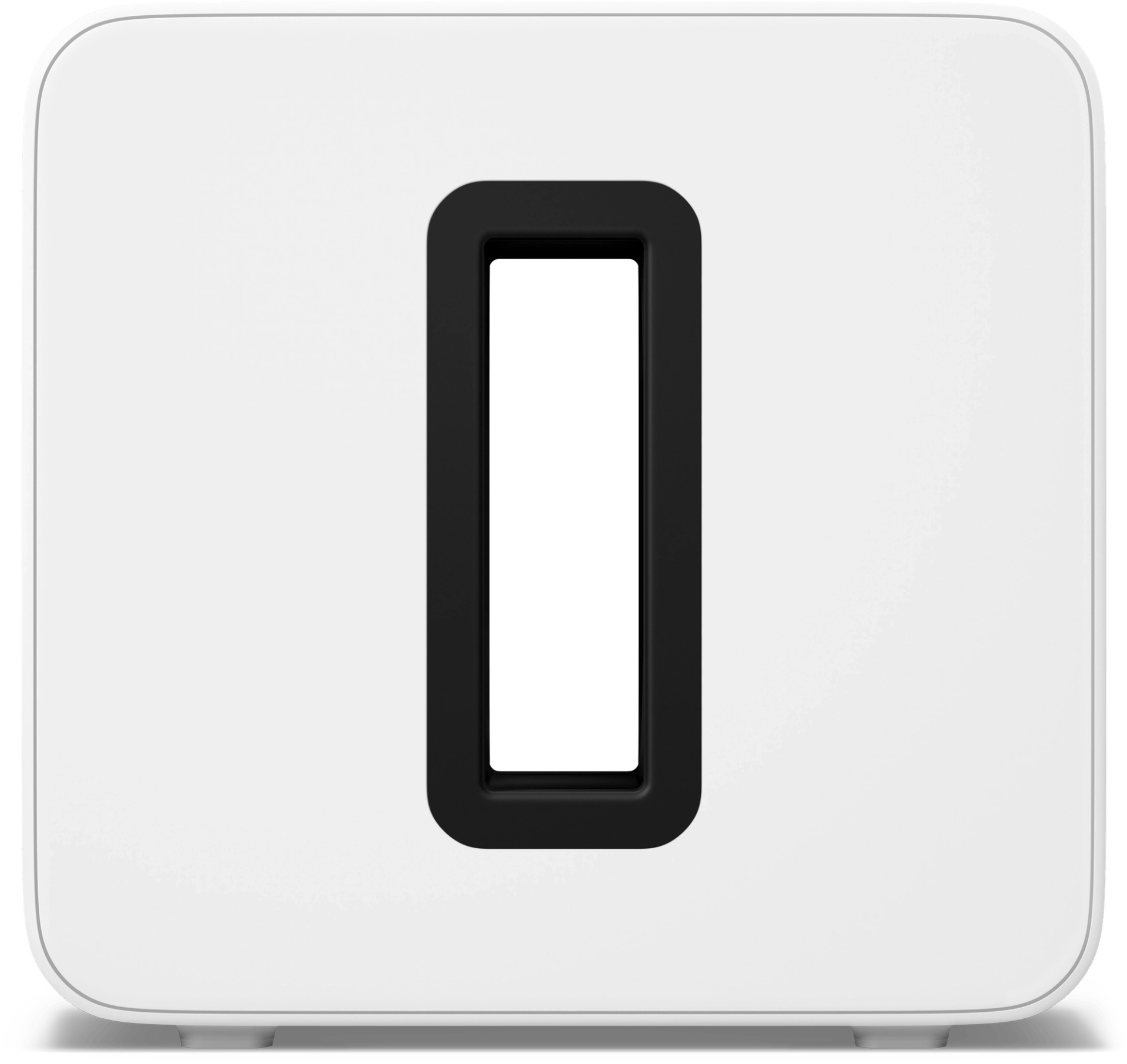 Fehér Sonos Sub, egy négyzet alakú mélynyomó fekete, téglalap alakú nyílással a közepén.