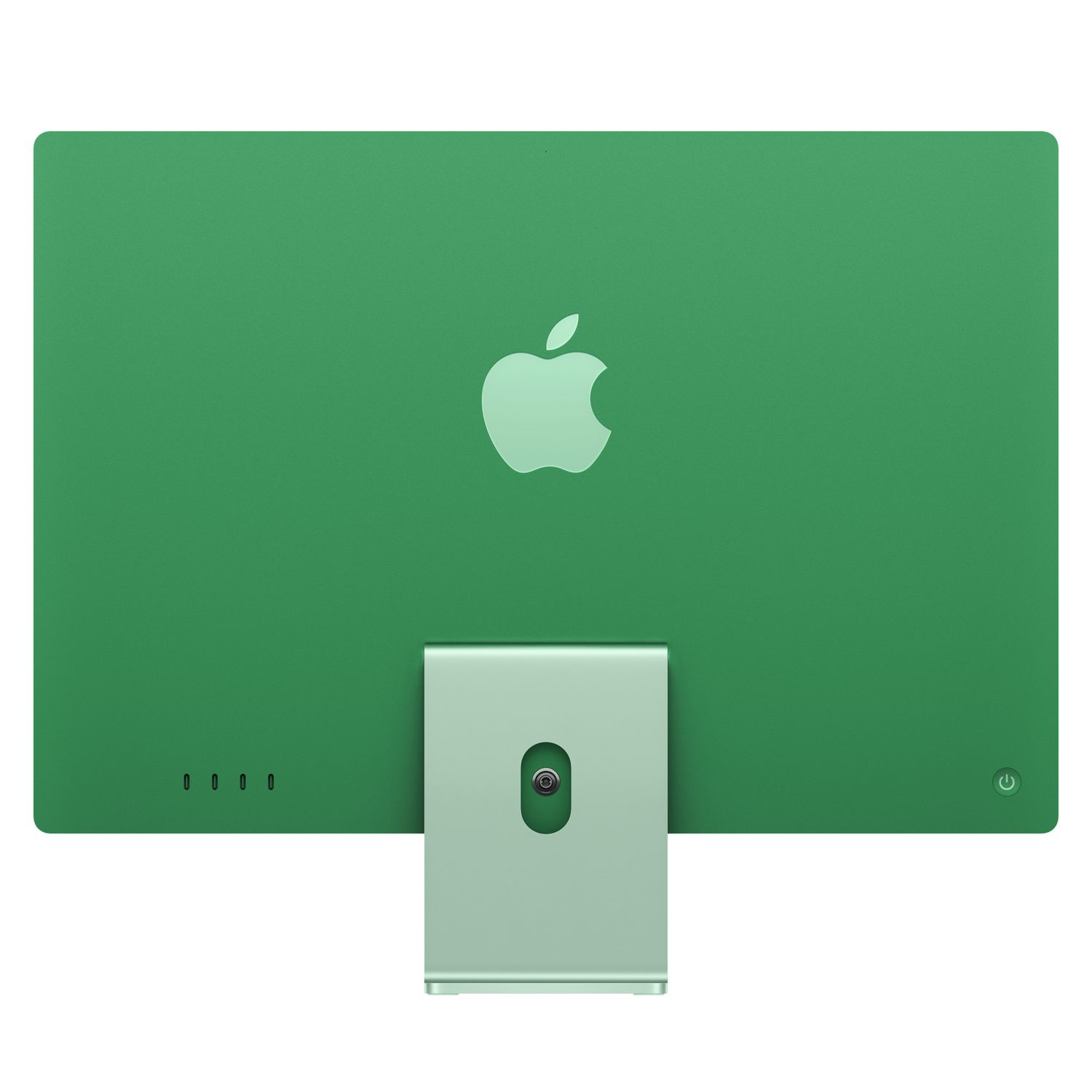Groene iMac achterkant. Apple logo, poorten en standaard. Groene kleur. Witte achtergrond.