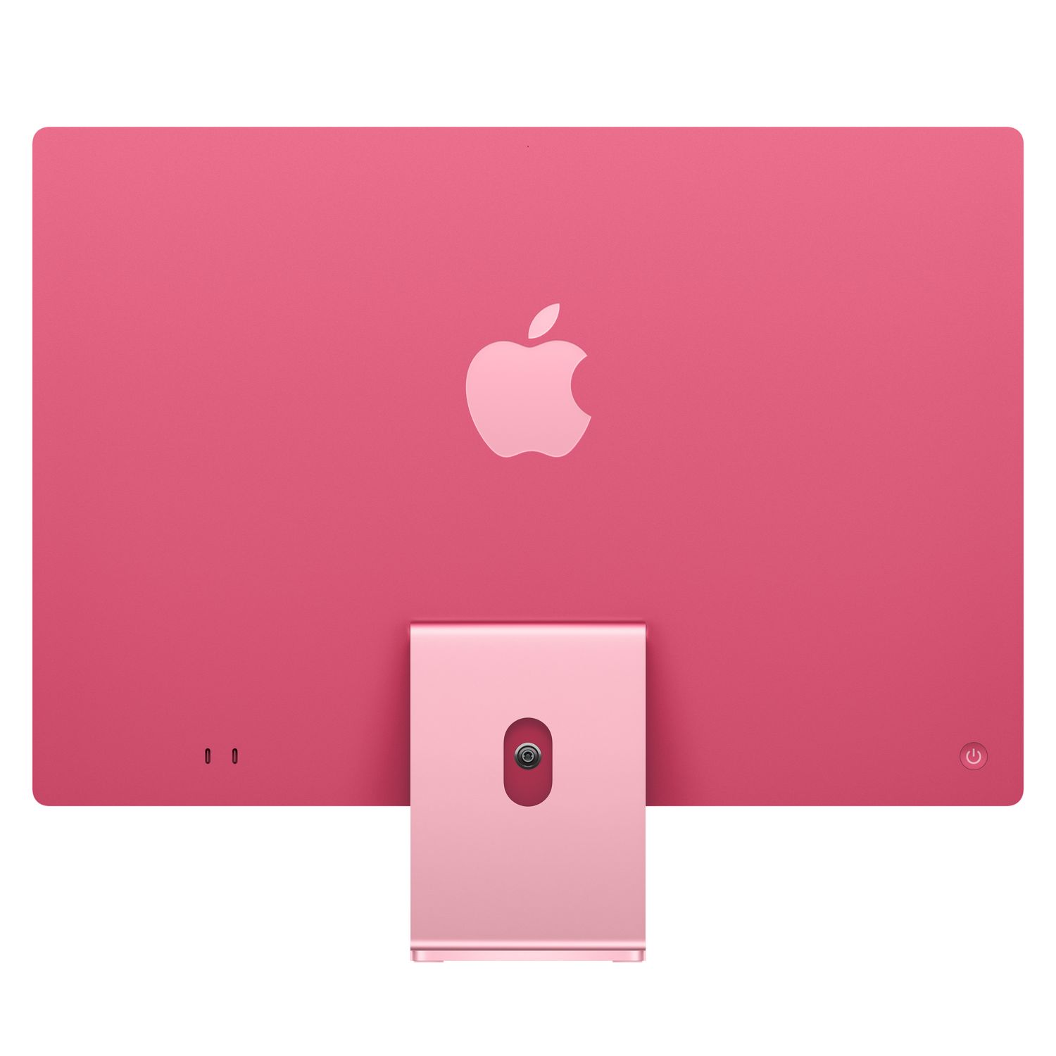 Pink iMac. Apple logo on the back. A stand with a camera and power button is in the middle.