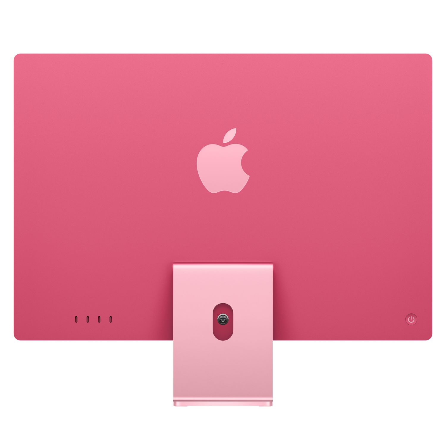 The back of a pink Apple iMac with the Apple logo and stand. The screen is plain.