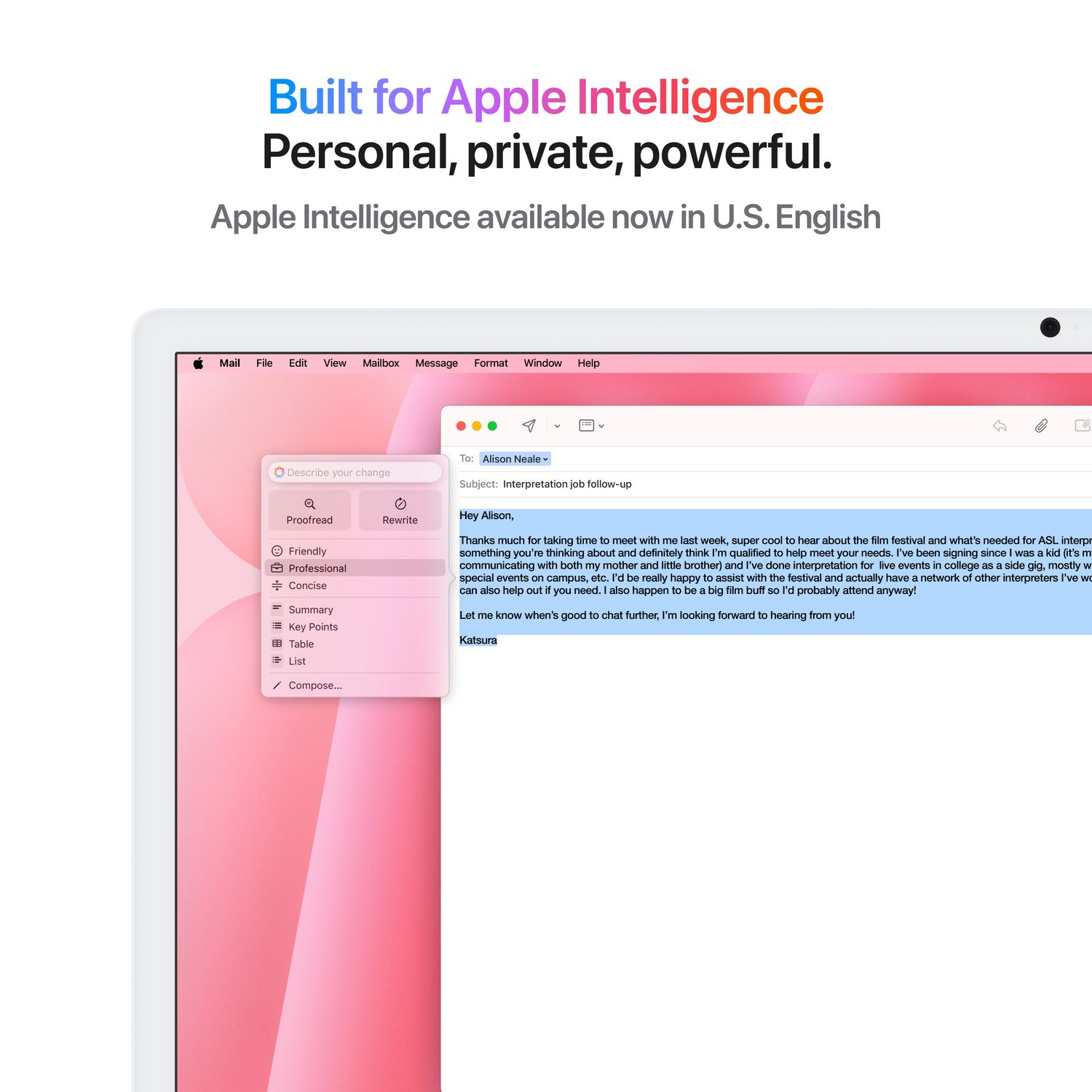 A computer screen with an email and the text 'Built for Apple Intelligence'.