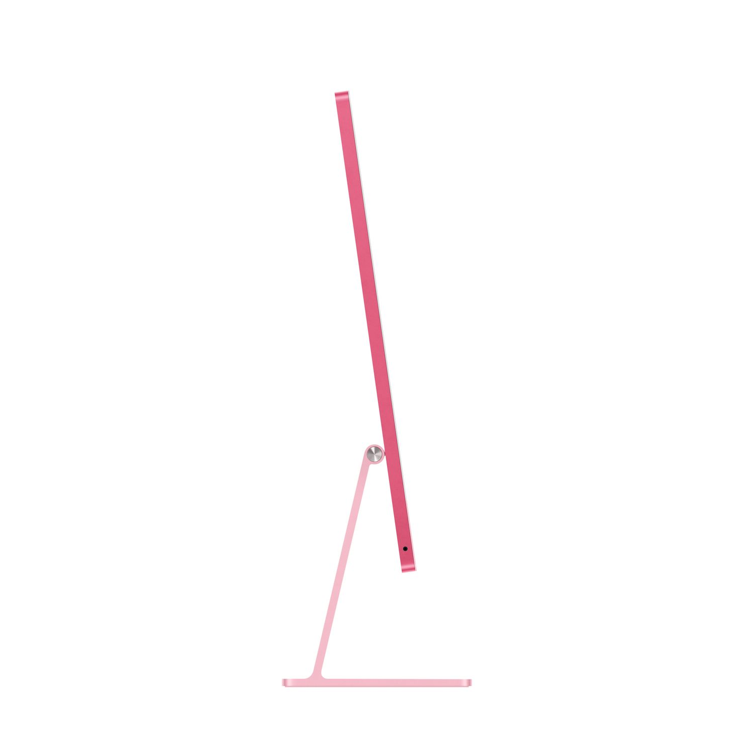 Side view of a pink computer monitor with a silver stand, against a white background.