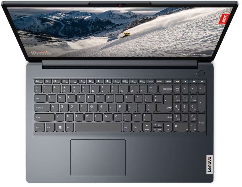 Laptop, Draufsicht, offen, mit einer schneebedeckten Berglandschaft.