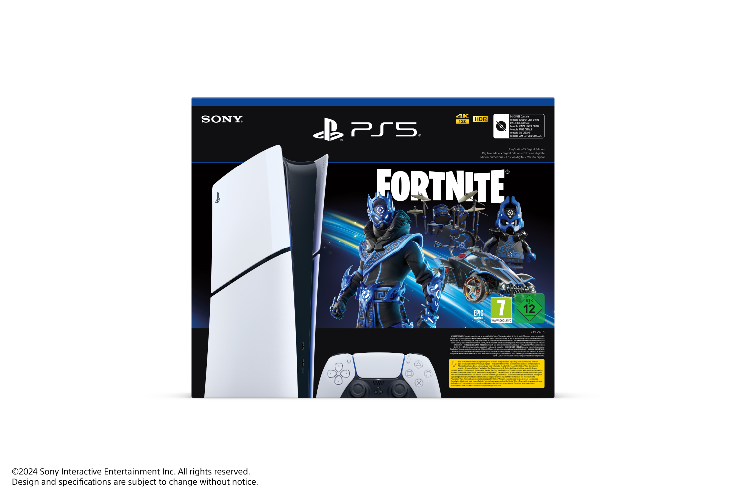 Consola y controlador PlayStation 5, con una caja de juego Fortnite. La caja muestra personajes y texto.