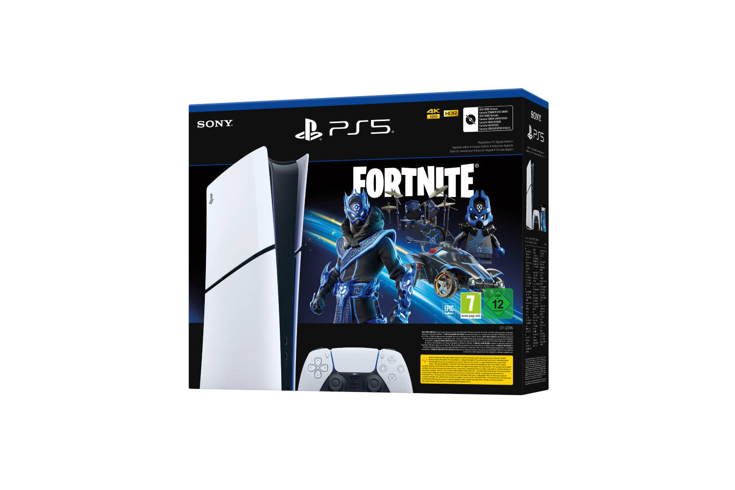 Una caja de PS5 con un paquete de juego Fortnite. La caja es negra y tiene una imagen de la consola y el juego.