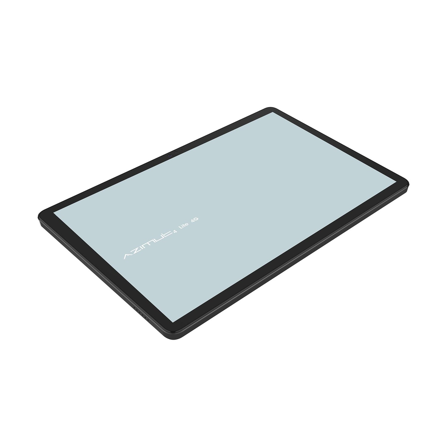 Tablet nero con cornice nera e schermo azzurro.