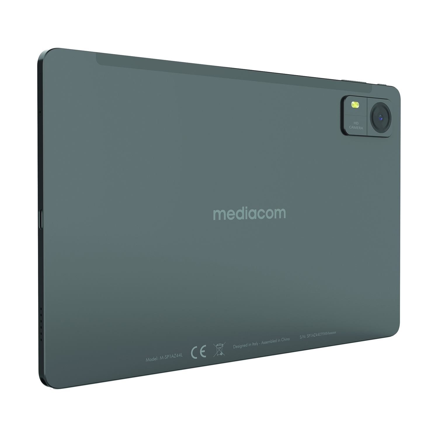 Retro di un tablet con il logo Mediacom e fotocamera. Il tablet è grigio.
