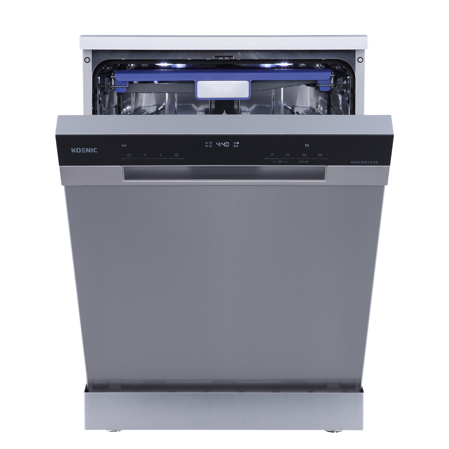 A Koenic dishwasher with the door open, showing the interior with a digital display.